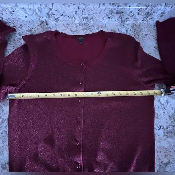 Talbots Cranberry Maroon Red Shimmer Metallic Cardigan Sweater Size Petite Large - Picture 10 of 12